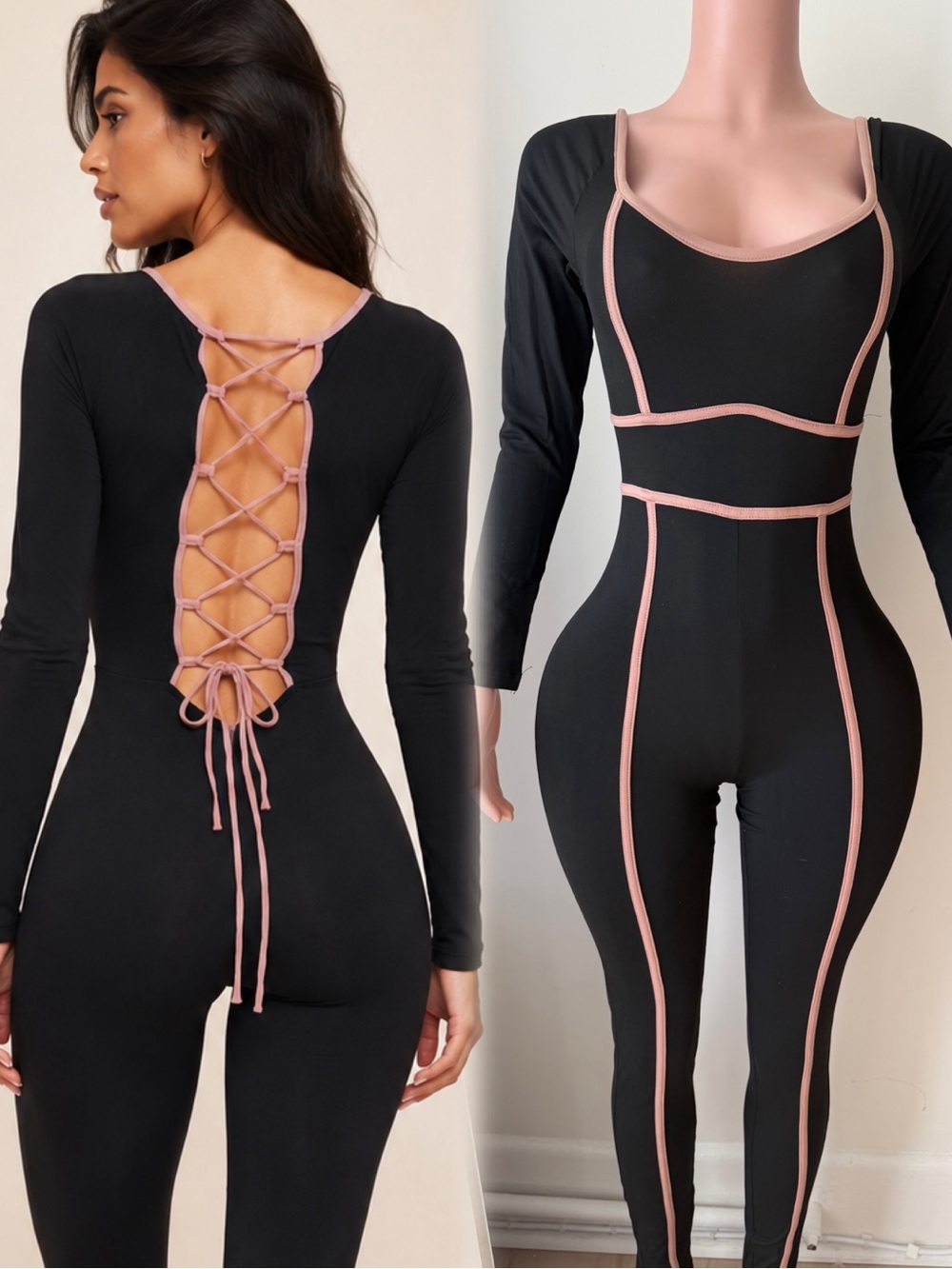 Black Long Sleeve Lace-Up Jumpsuit with Beige Trim